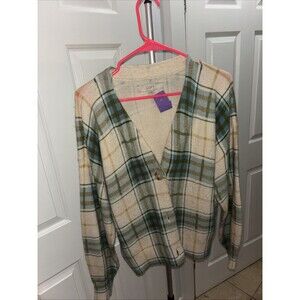 LOFT IVORY & GREEN PLAID CARDIGAN  SWEATER COTTON BLEND SIZE MED